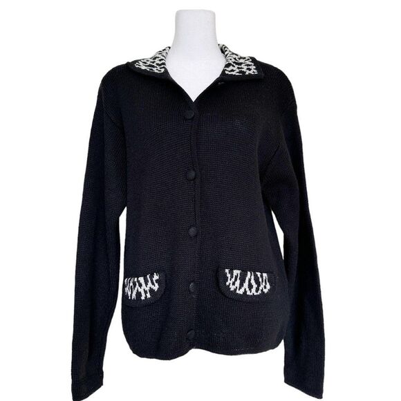 Vintage Collared Sweater Womens Size S Black White Button Front - Picture 1 of 6